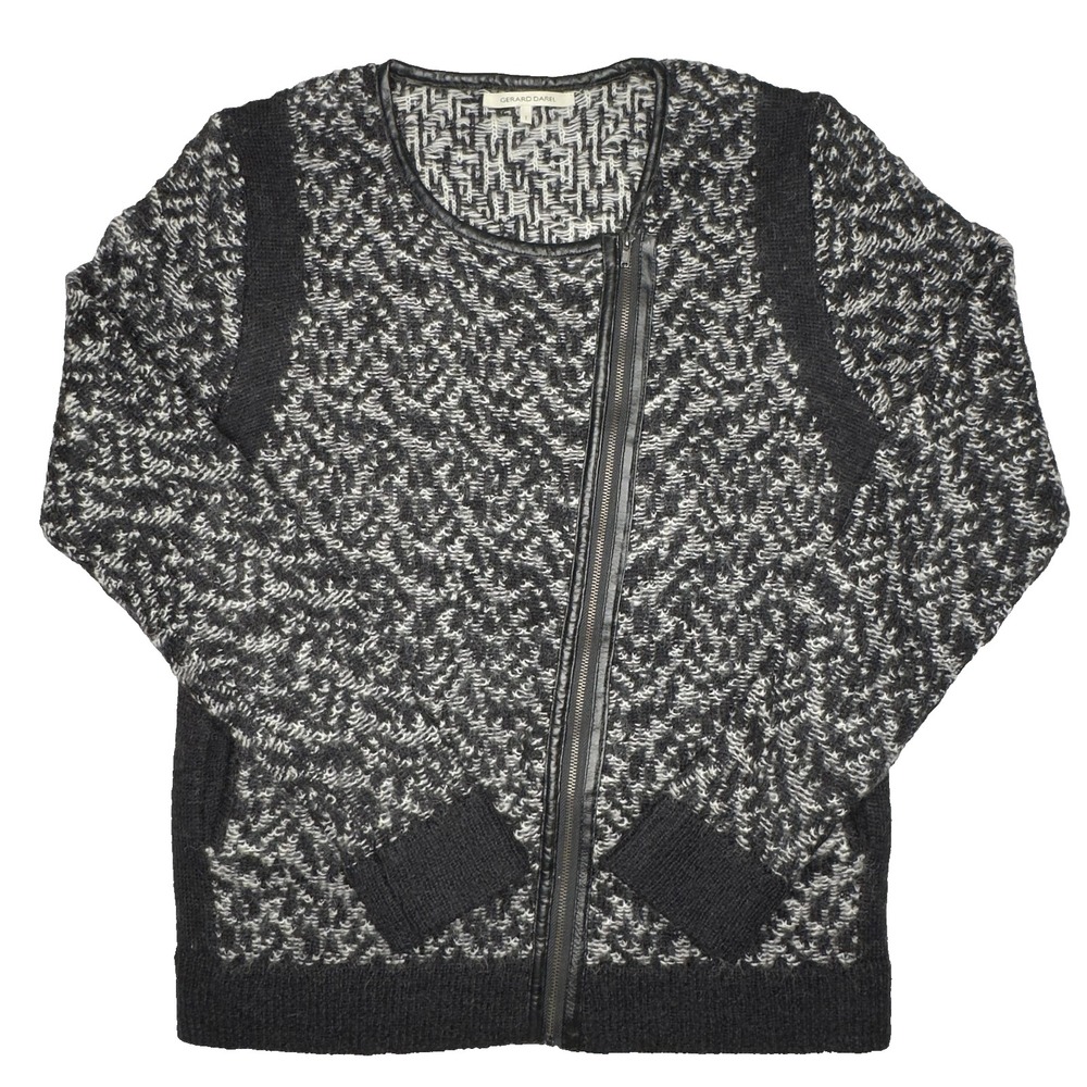 Gerard Darel‎ Sweater Womens Small Black Mohair Wool Asymmetric Zip Leather Trim